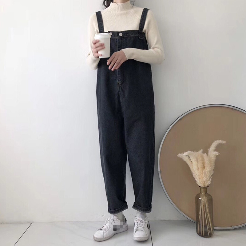 春夏女装韩版百搭宽松高腰抹胸带连体裤背带裤牛仔裤阔腿裤长裤