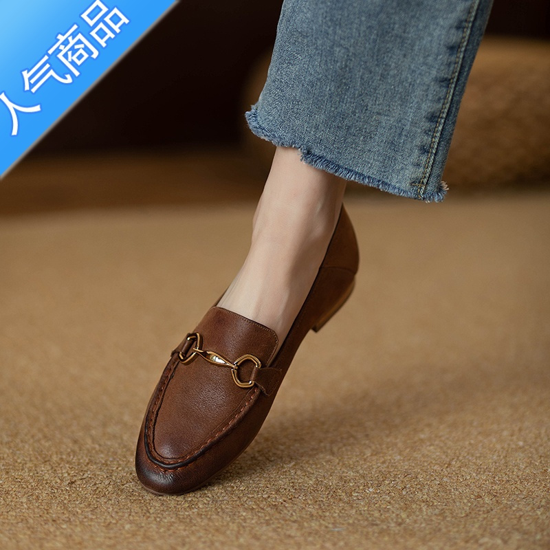 SUNTEK2023新款小皮鞋一脚蹬圆头单鞋女平底金属扣乐福鞋英伦风软底
