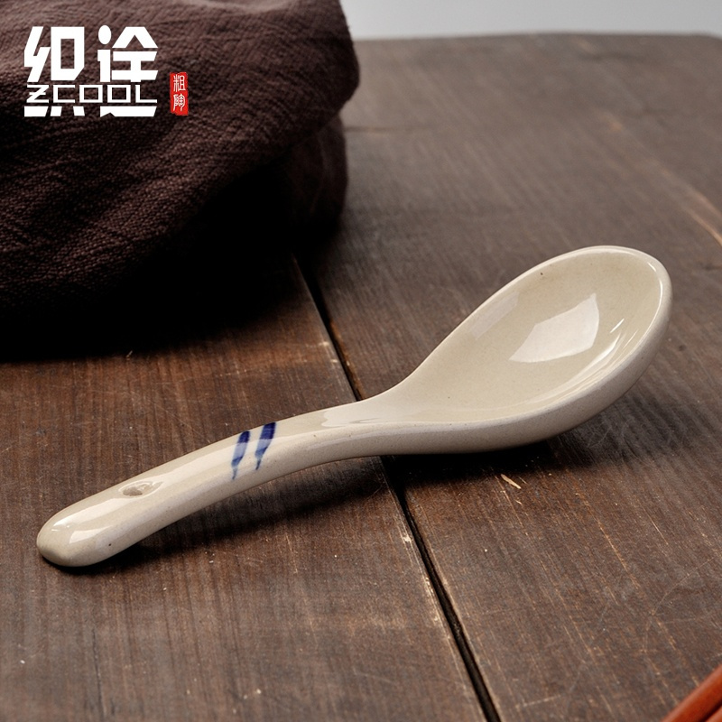 双线调羹6个装 创意个性日式和风古朴还手绘蓝线陶瓷陶艺手绘餐具小汤勺调羹饭勺