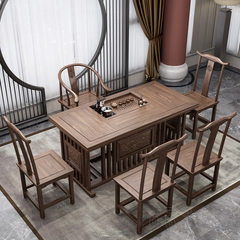 易企采 中式茶桌椅组合实木南榆木功夫茶几茶艺桌小茶台茶道桌子泡喝茶桌茶台胡桃色1.5米茶桌+1圈椅4月牙椅高清大图