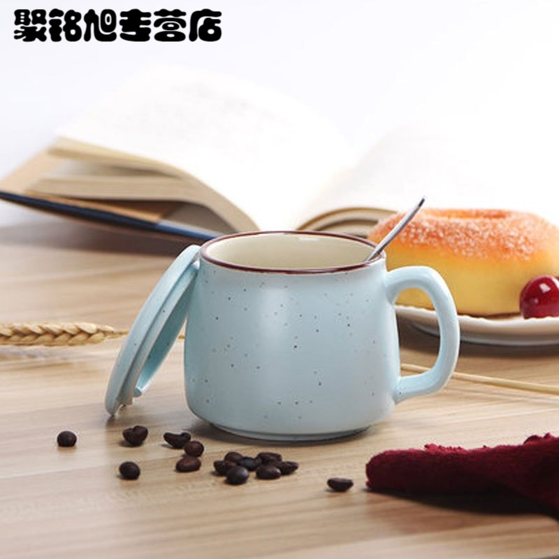 生活日用家庭喝水杯子创意陶瓷杯子马克杯咖啡杯情侣男女款杯带盖勺简约个性女学生韩版水杯创意生活日用水杯子