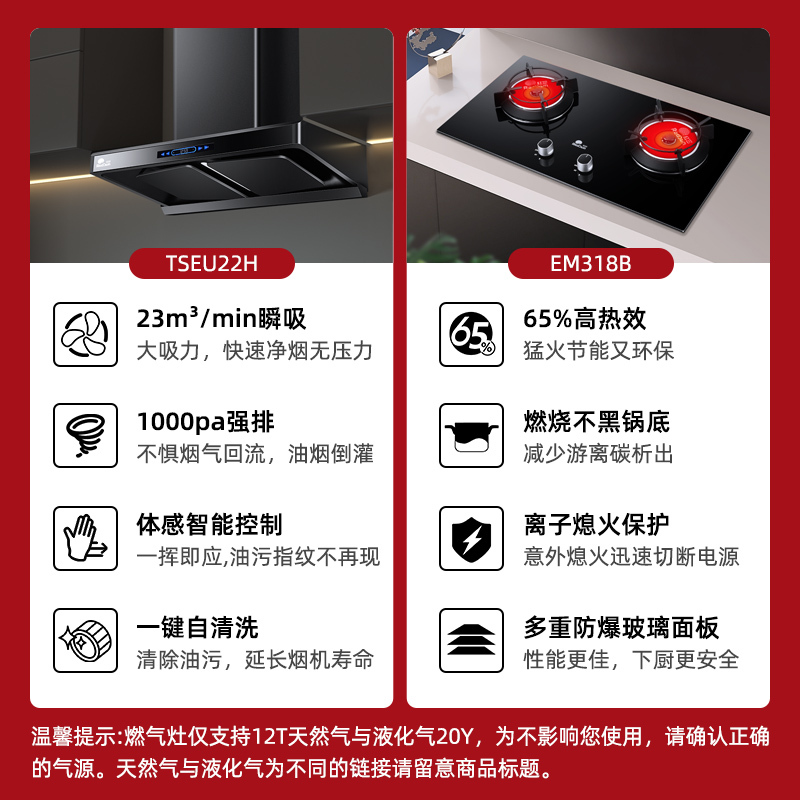红日(RedSun)烟灶套餐家用欧式23立方瞬吸1000pa强排变频双腔油烟机自清洗套装TSEU22H+TEM318B