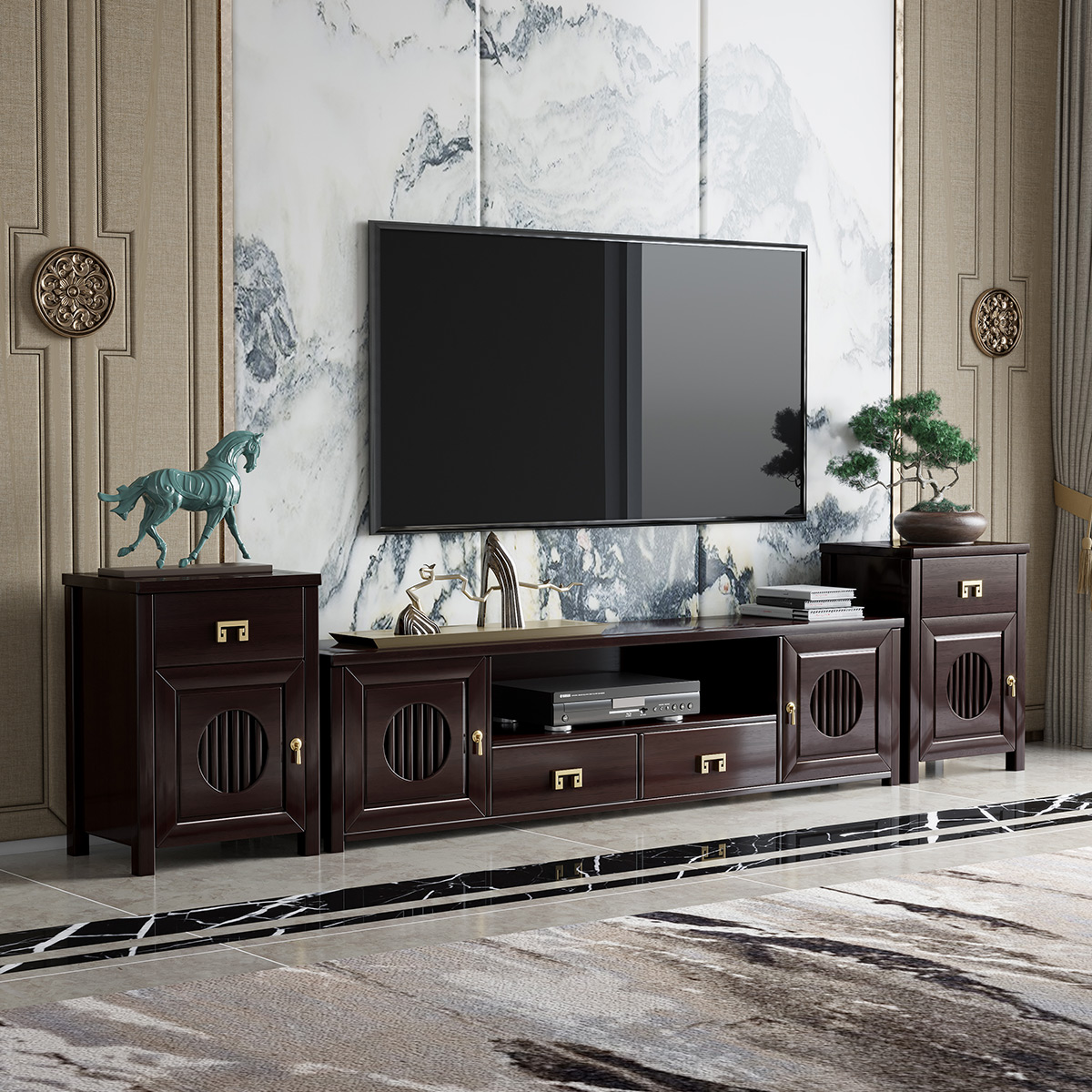 水曲柳中式实木电视柜