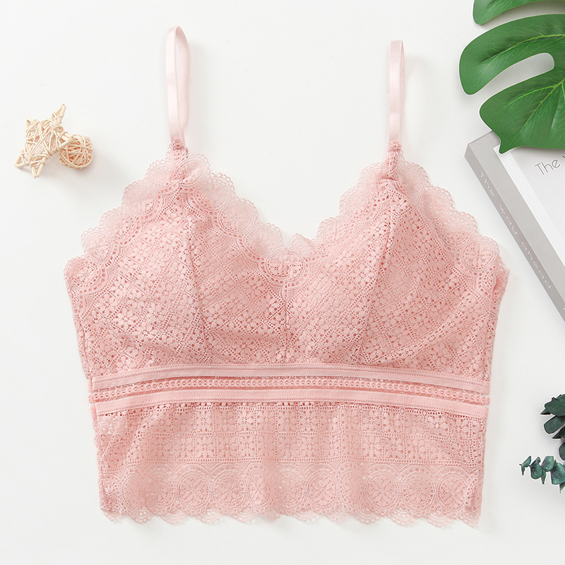 性感蕾丝镂空裹胸美背透气无钢圈内衣女抹胸吊带背心自带内杯