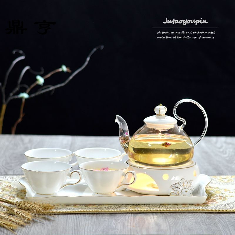 鼎亨玻璃陶瓷花茶具带托盘 英式下午茶壶红茶加热煮水果花