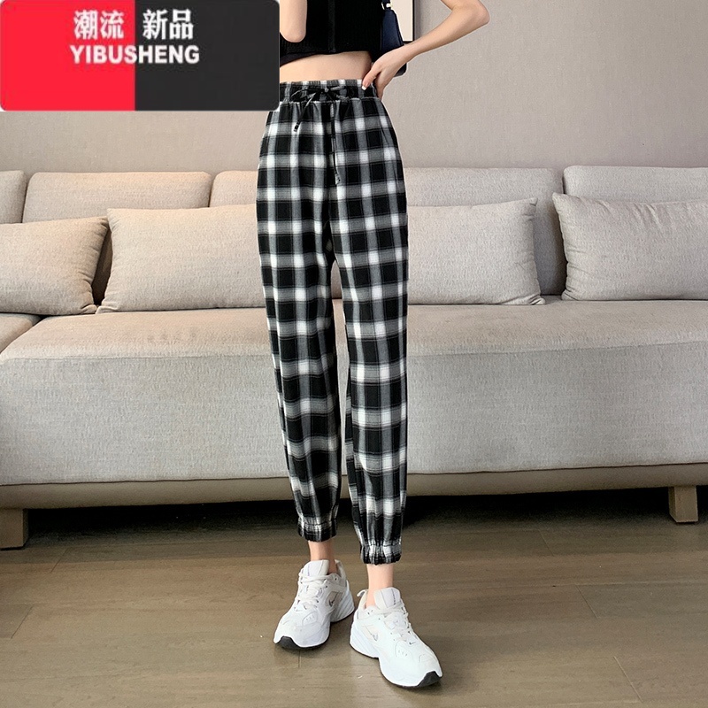 YIBUSHENG黑白格子运动裤女季薄款2024新款天束脚卫裤洋气显瘦女休闲天高清大图