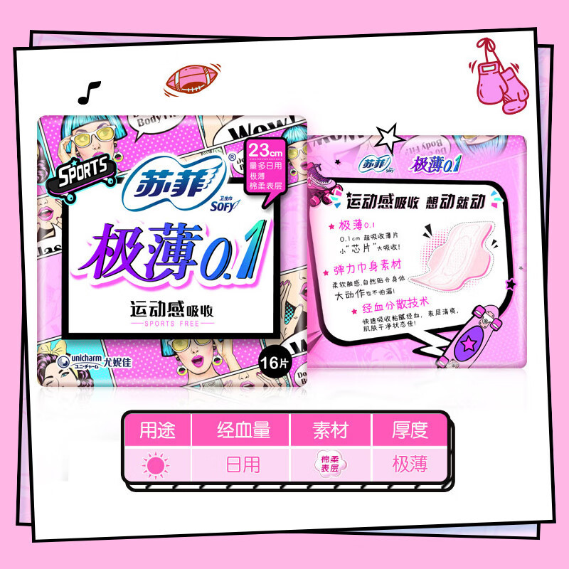 苏菲极薄0.1 16片*6包+超薄随心翻夜用350 4片*3包 108片日夜用组卫生巾