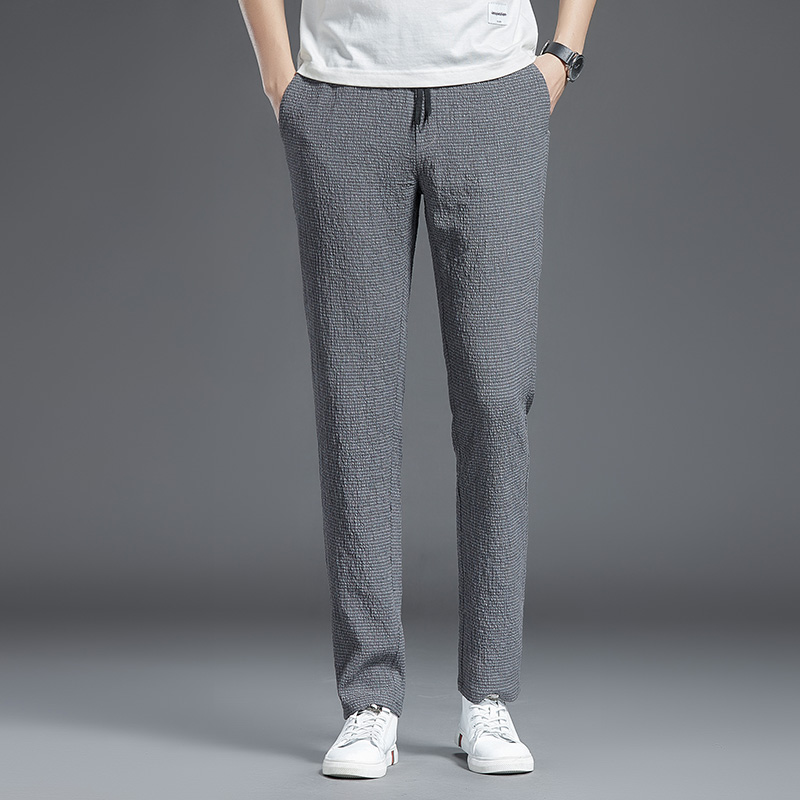 薄款冰丝凉爽休闲裤男士褶皱肌理纹松紧腰长裤子夏季直筒潮流男 灰色 M