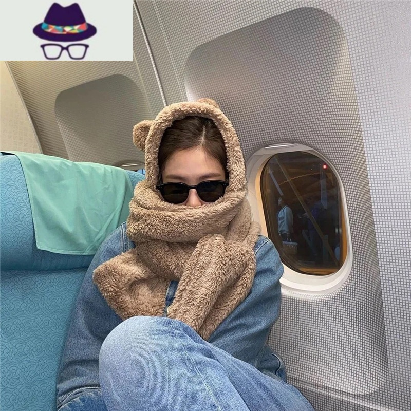 珍妮同款jennie卖萌可爱保暖毛绒羊羔绒小熊耳朵围巾连帽子一体fish