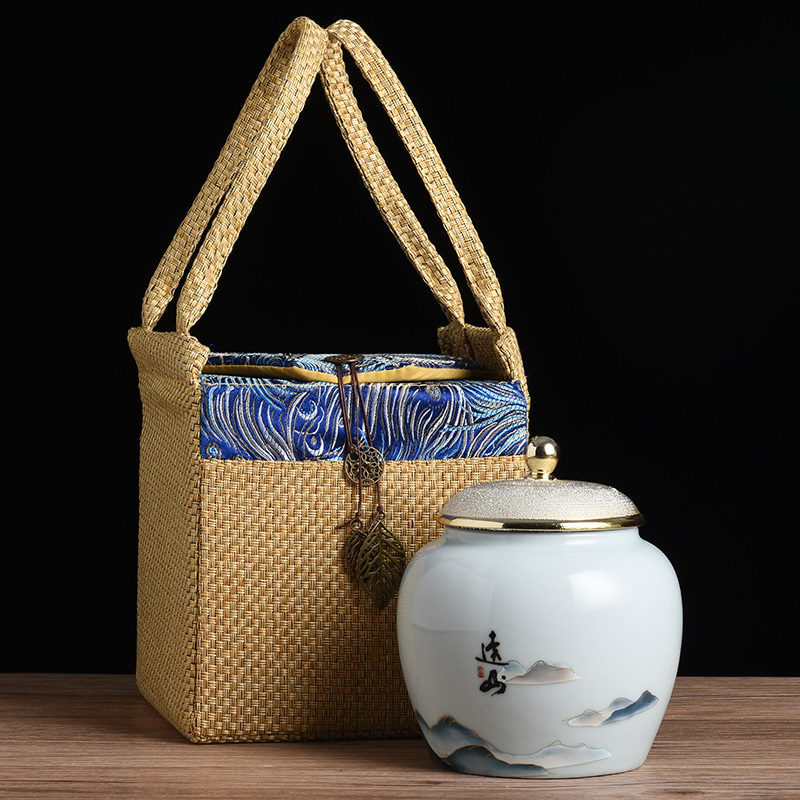 淡绿观山单罐250克装茶叶包装盒空礼盒高档茶叶罐陶瓷金骏眉茶包装盒