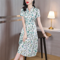 杭州真丝连衣裙女装大码2023夏季新款中年妈妈印花桑蚕丝裙子 L 7115绿色