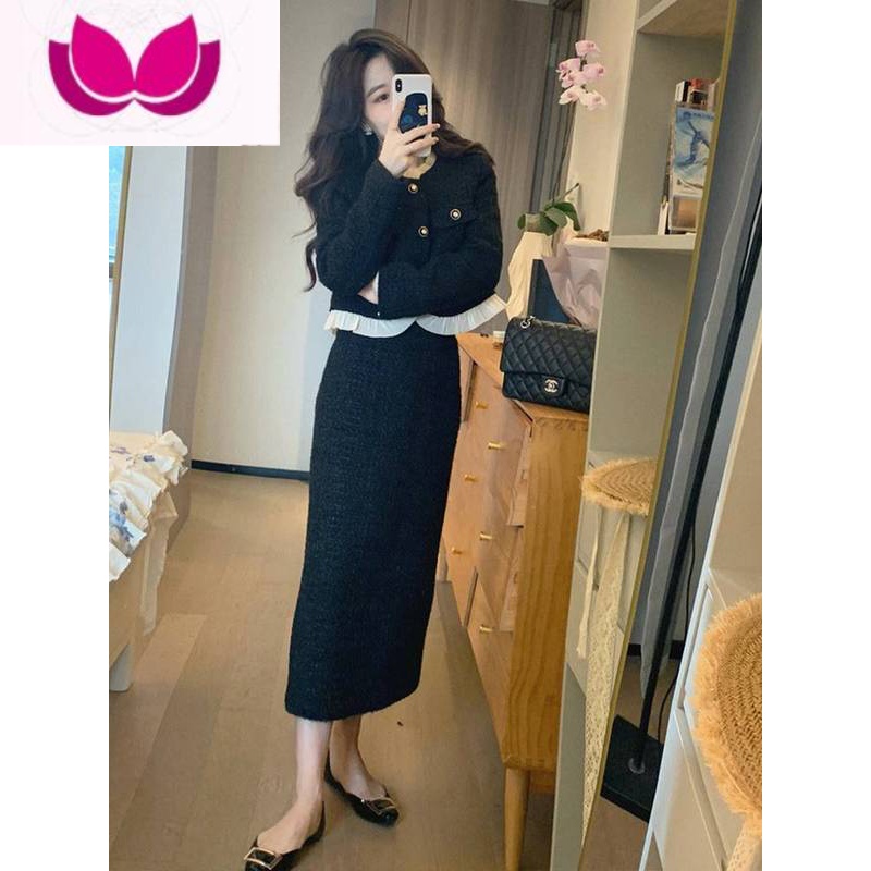 七斓女装高级感冷淡小香风黑色连衣裙子韩系套装冬装搭配一整套高清大图