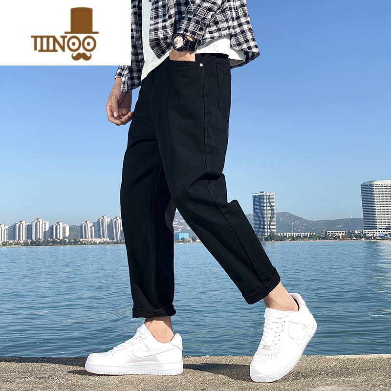 YANXU夏季新款黑色牛仔裤男宽松直筒2022潮流百搭阔腿九分裤子男士宽男高清大图