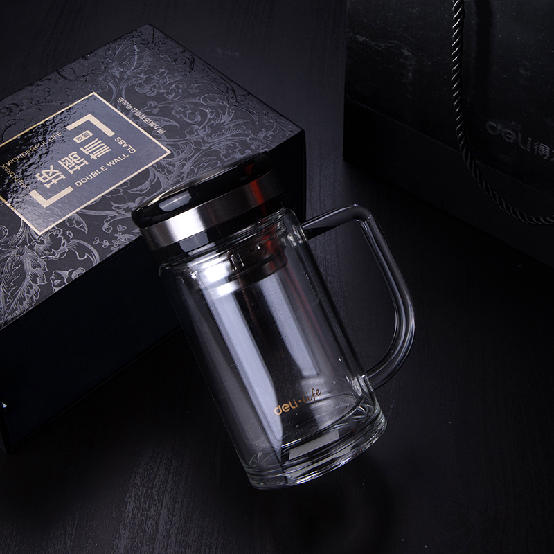 得力(deli) 玻璃杯 8989 双层透明隔热 商务办公杯 带茶隔 320ml
