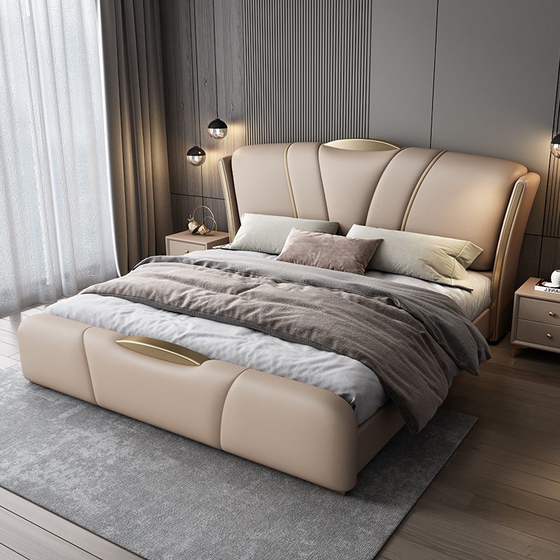 景山百岁 法式奶油风真皮床轻奢现代简约1.5米1.8米双人床主卧大床小户型极简储物软包床婚床（多色可选 拍下请备注）高清大图