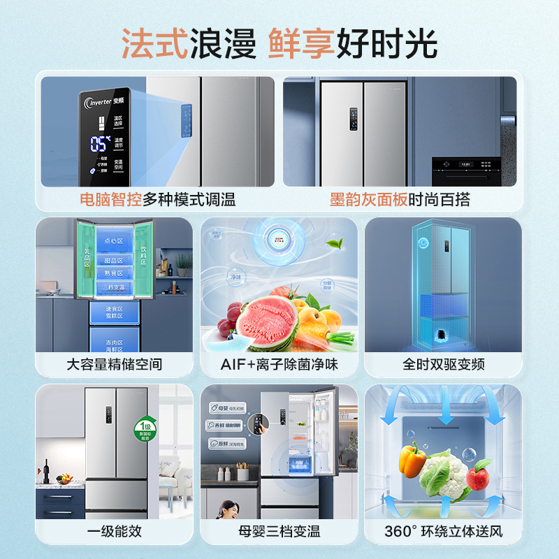 容声(Ronshen)319升法式多门四开门冰箱 母婴臻储 一级矢量双变频 风冷无霜变温 国补BCD-319WD11MP