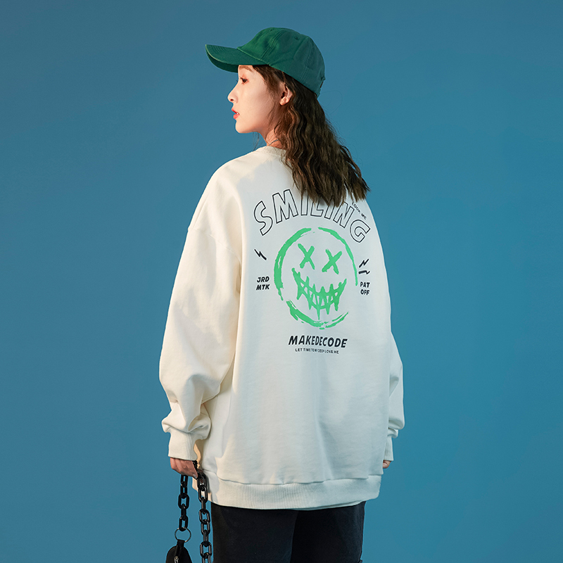 ROSUYA中性风2021秋冬新款潮牌情侣ins夜光笑脸印花卫衣