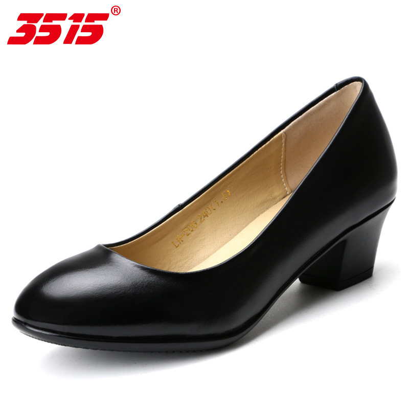 3515强人新款春秋季粗跟女单鞋黑色职业中跟浅口鞋百搭鞋简约女鞋子