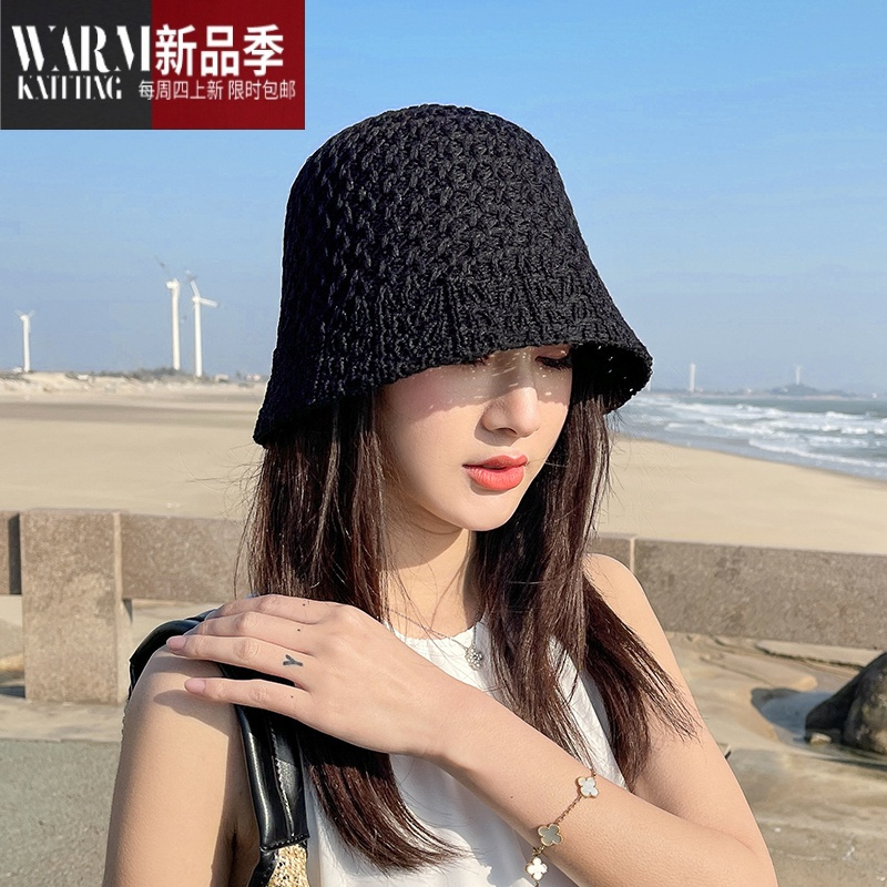 shanchao夏季小边渔夫帽女遮阳素颜遮脸盆帽日系短檐透气针织水桶帽子