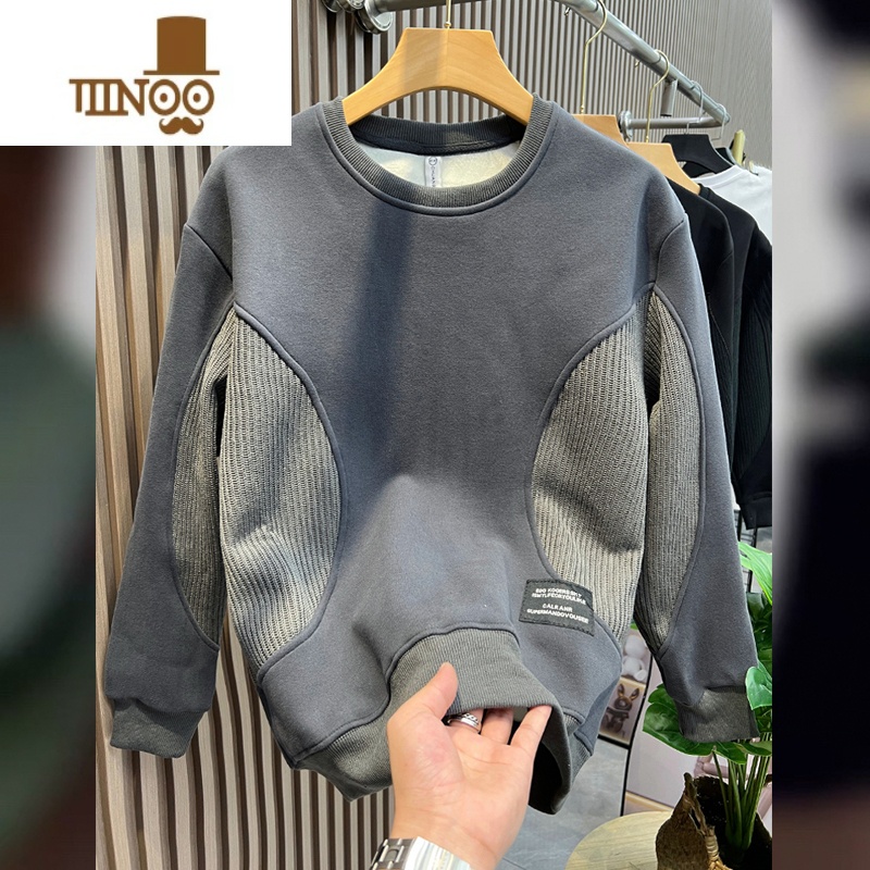 YANXU卫衣男2023新款宽松百搭圆领拼接休闲美式冬装加绒上衣潮牌高清大图