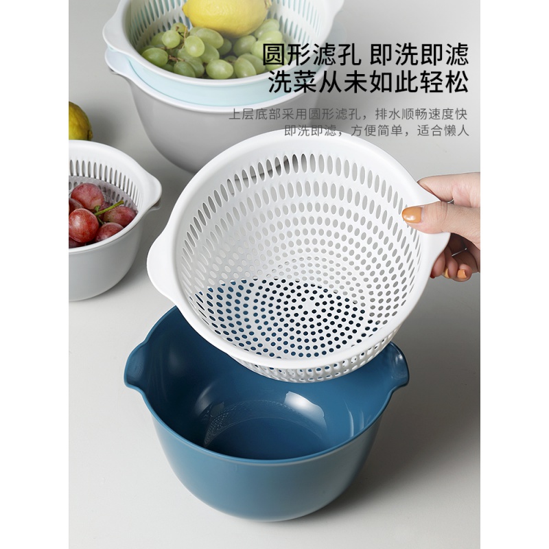 家柏饰(CORATED)北欧风家用沥水篮塑料双层创意加厚厨房洗菜水果盆子小号迷你果盘 大号浅蓝高清大图