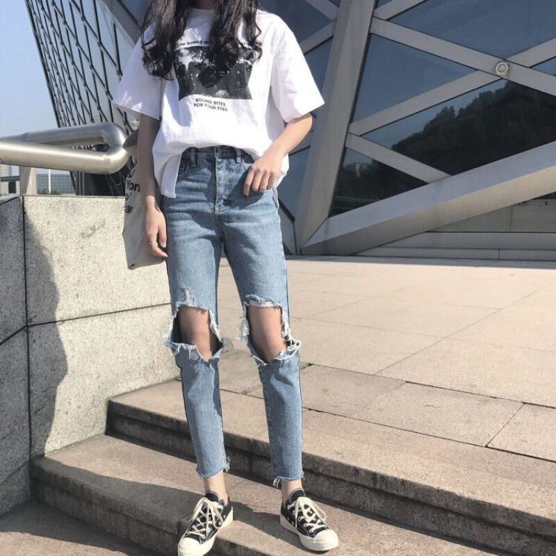 秋韩版宽松做旧边破洞九分直筒裤脚长裤高腰仔裤图片