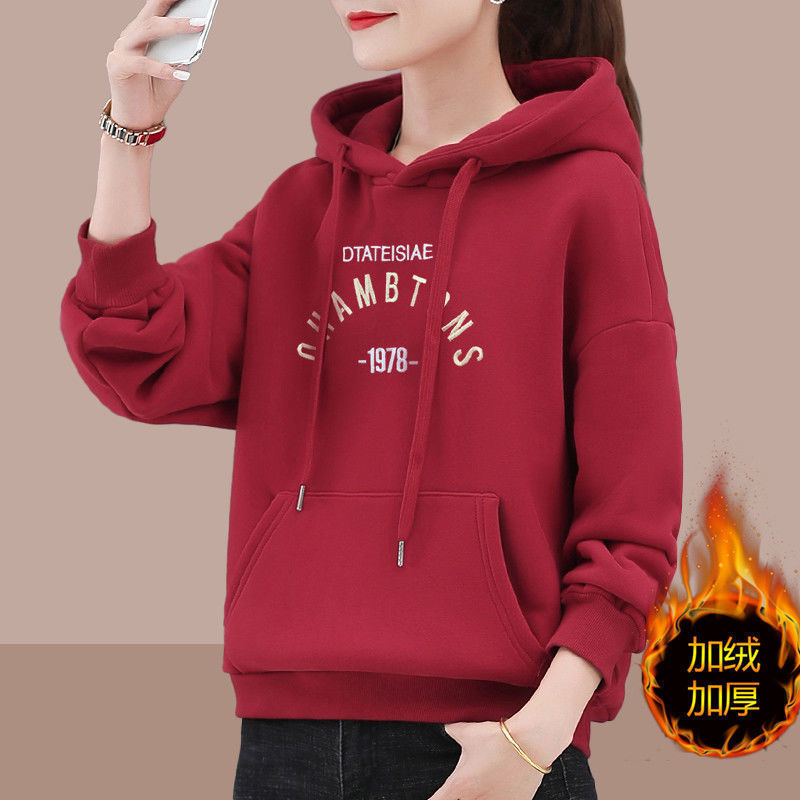 加绒加厚卫衣女冬季保暖衫连帽减龄印花妈妈装显瘦宽松百搭上衣_1_372 M建议90-100斤 685#红色【加绒加厚】