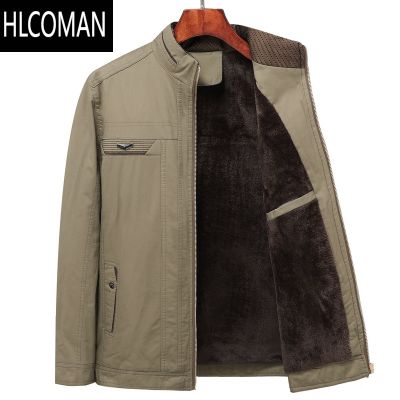 HLCOMAN中老年人男装立领加绒加厚夹克衫爸爸装外套中年男士棉加 185135到150斤穿 浅卡其色加绒加厚款