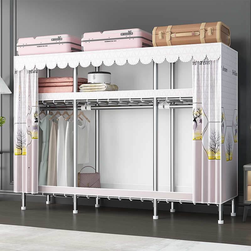 家时光铁接头简易布衣柜全钢架结构牛津布拉链款防尘式钢管加粗加固加厚高清大图