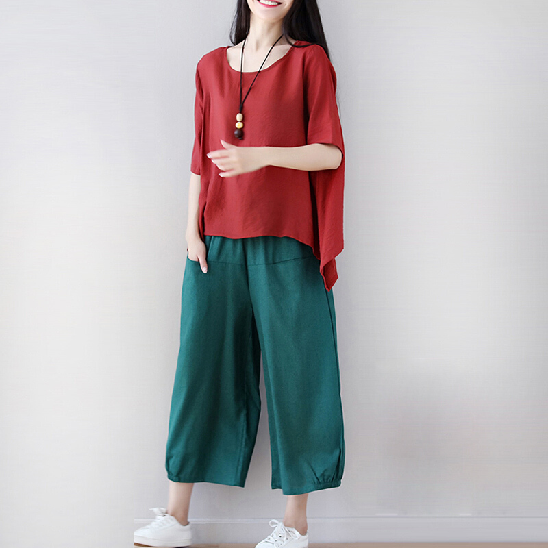 棉麻套装女2018夏季新款时尚宽松大码休闲上衣亚麻阔腿裤两件套装