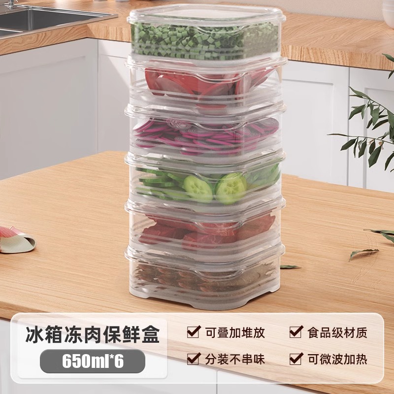 冰箱收纳盒冻肉保鲜盒分格盒子食物分装盒食品级肉类冷冻盒整理盒 6个装【650ml】 11.5*11.5*4.5
