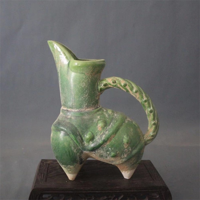 景德镇仿古陶瓷唐三彩绿釉三足夜壶执壶酒杯家居装饰展柜古玩摆件