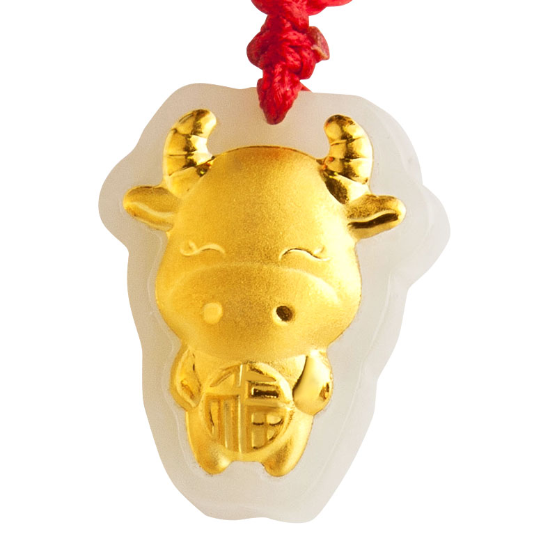 梦克拉 足金3d硬金黄金和田玉金镶玉白玉吊坠 生肖牛 暴福牛