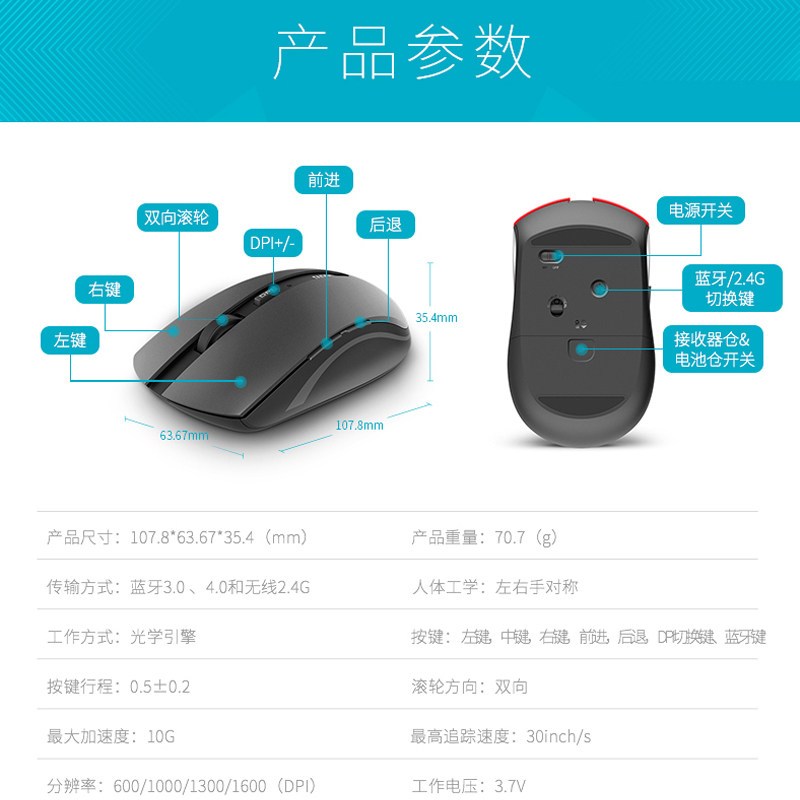 雷柏(Rapoo) 7200M 红色无线鼠标 蓝牙鼠标 办公鼠标 便携鼠标 人体工程学 笔记本鼠标