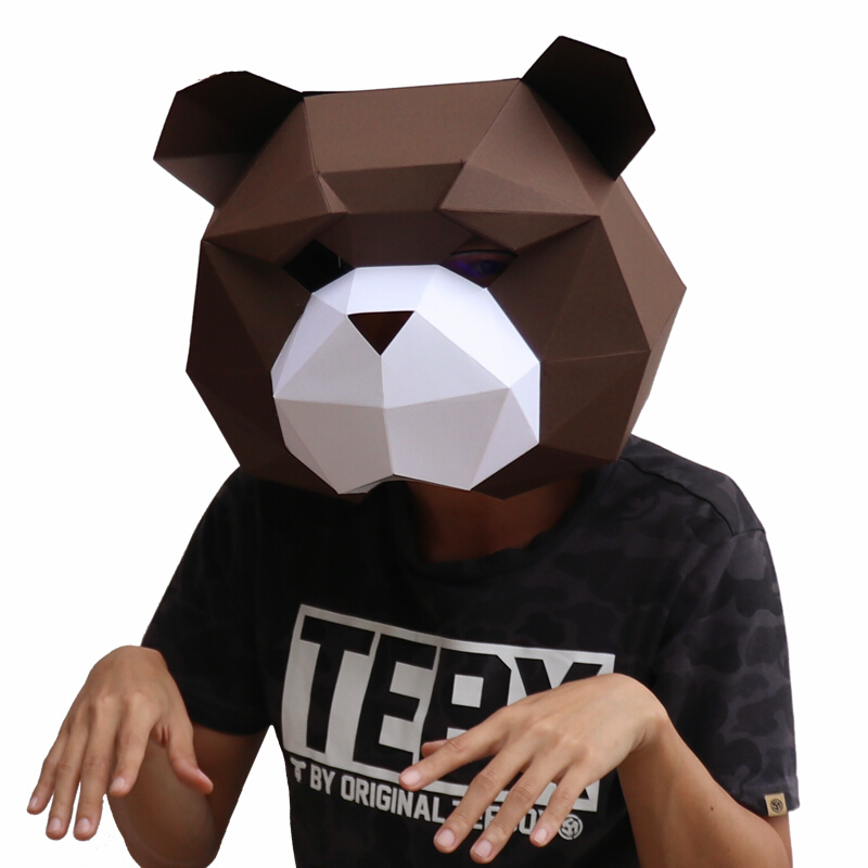 纸无限创意泰迪熊头套面具动物纸模diy材料化妆舞会表演抖音道具