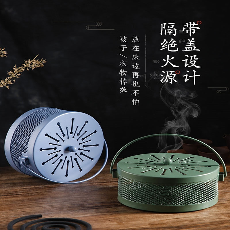 法耐(FANAI)蚊香盘拖蚊香盒创意家用带盖接灰放蚊香架铁艺檀香蚊香炉_优雅粉烟花纹大号带盖防火