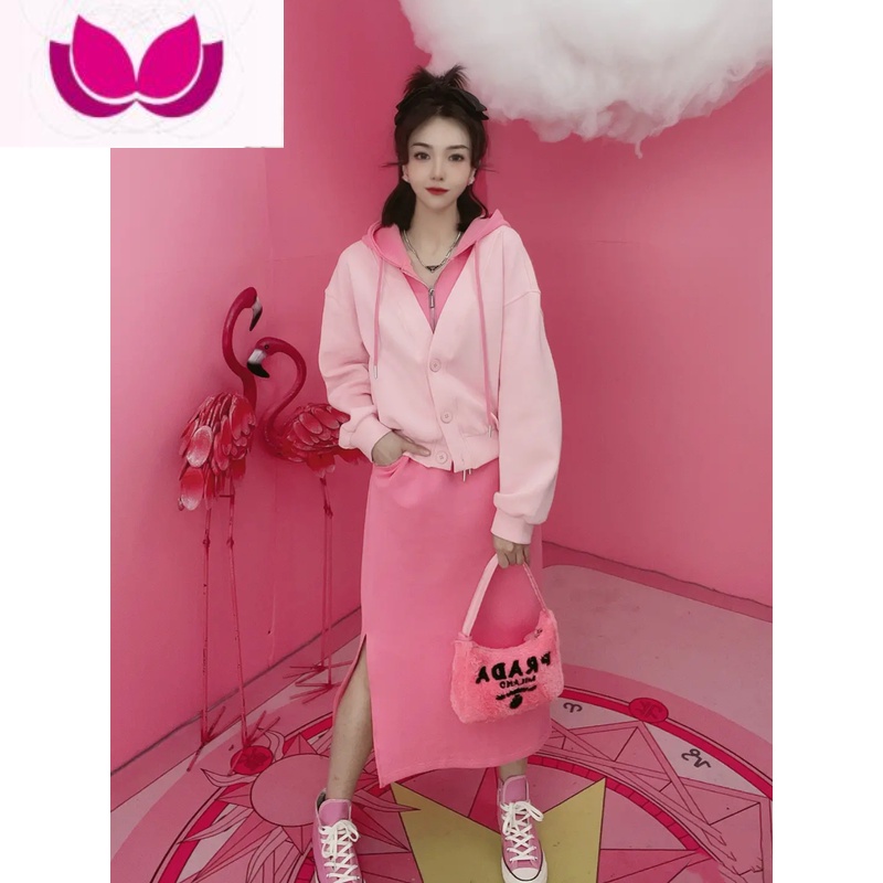 七斓欧货2023春季新款时尚连帽假上衣+气质收腰开叉半身裙套装女 S(80-100斤) 粉色两件套