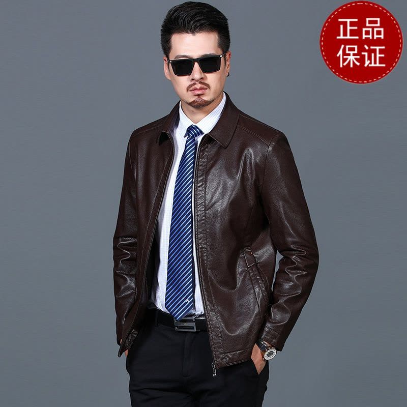 免费试穿 海宁真皮衣男春秋装加绒外套翻领百搭休闲皮夹克4050岁爸爸60衣服大码2024新款外套潮海宁软皮夹克大码男装图片