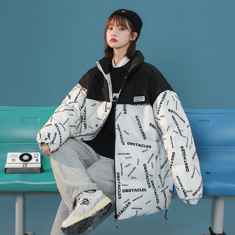 DEBRAND2021冬季新款棉服外套女韩版港风撞色字母洋气百搭棉衣袄