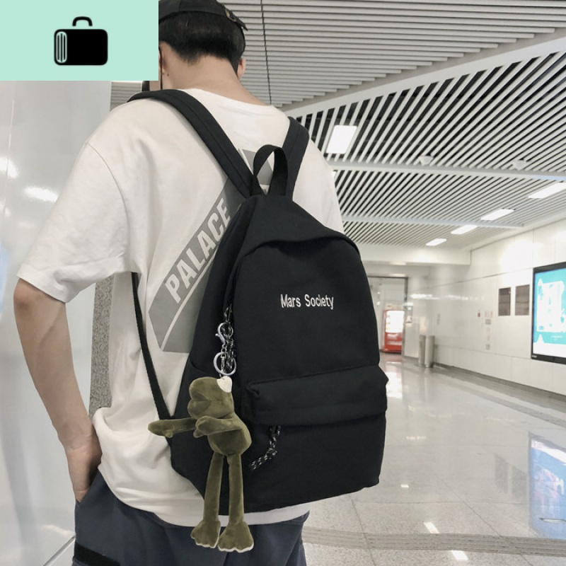 韩版潮牌双肩包男简约时尚潮流帆布森系高中学生书包女休闲背包包NEW LAKE 黑色小号[带小花]