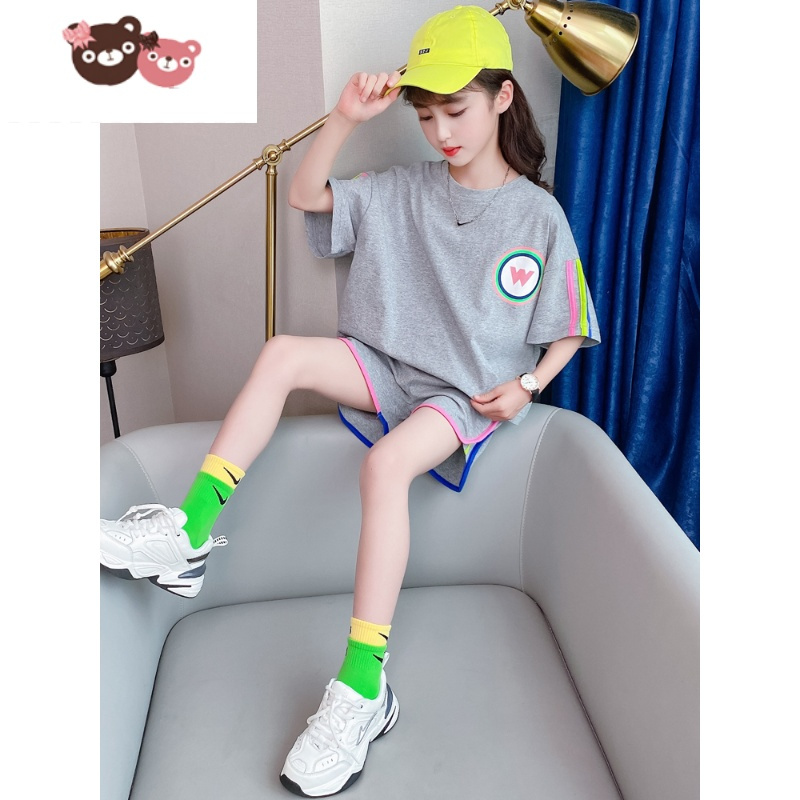 绿彩虹光女童夏装运动套装时髦洋气新款大童儿童女孩衣服运动装短裤