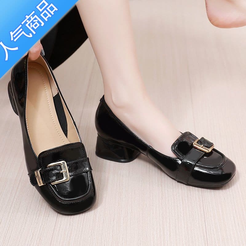 SUNTEK单鞋女士一脚蹬皮鞋粗跟乐福鞋浅口平底鞋女鞋休闲英伦小皮鞋图片