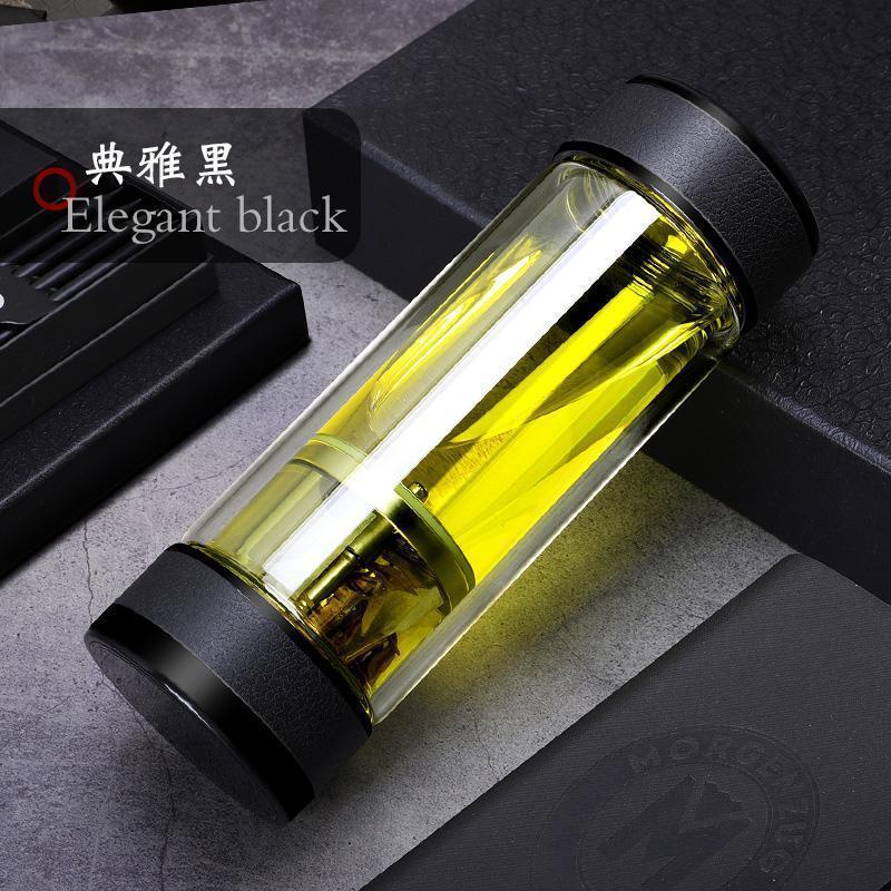 茶水分离杯双层玻璃杯隔热男士便携透明保温水杯泡茶杯 黑色_668
