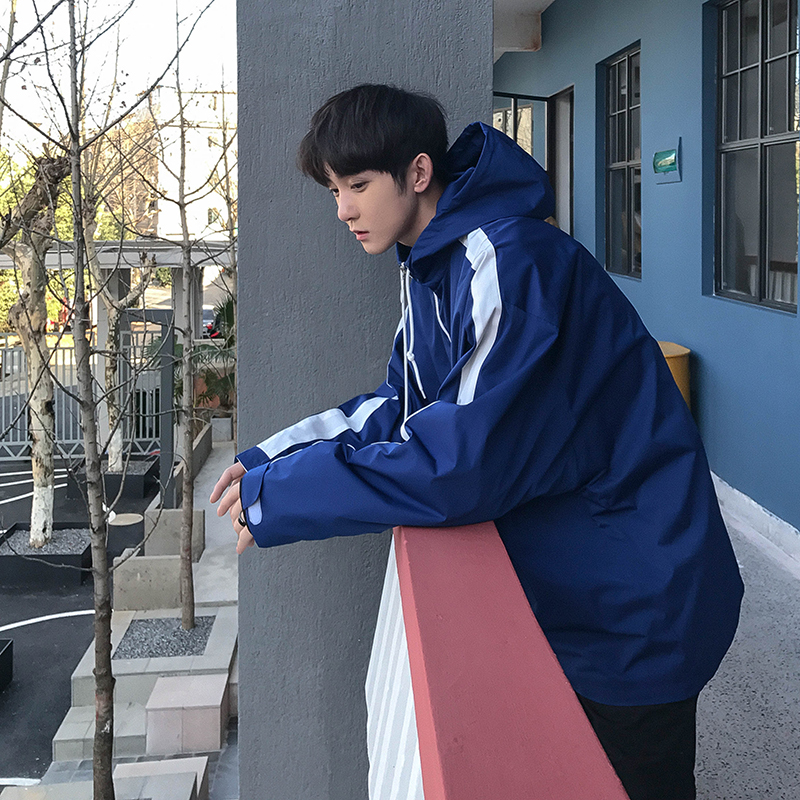 2018春季新品男宽松大码条纹长袖口袋拼接拉链连帽套头夹克短外套