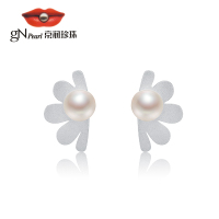 京润珍珠半盏花 S925银淡水珍珠耳钉8-9mm白色圆形时尚