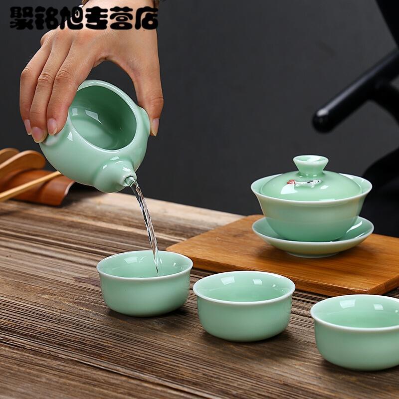简约青瓷功夫茶具套装家用小茶杯鲤鱼茶碗陶瓷茶壶盖碗茶杯简约