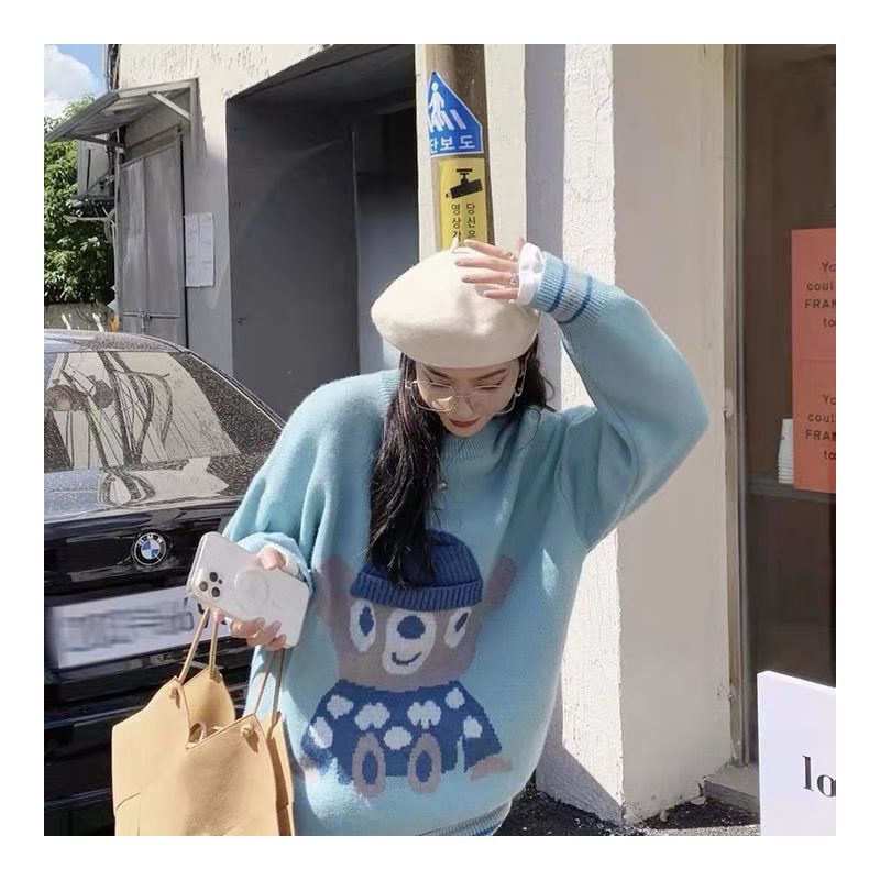 秋桐毛衫蓝色小熊毛衣女2021秋冬款软糯慵懒风针织上衣