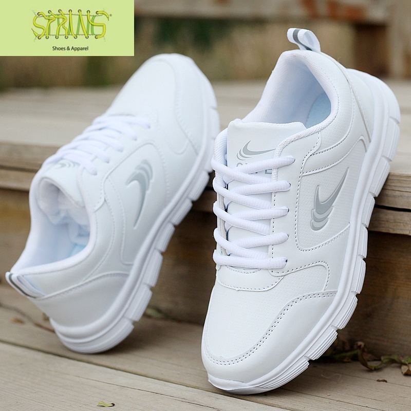 女士轻便白色运动鞋皮面防水休闲鞋平底防滑跑步鞋百搭舒适女波鞋语娄