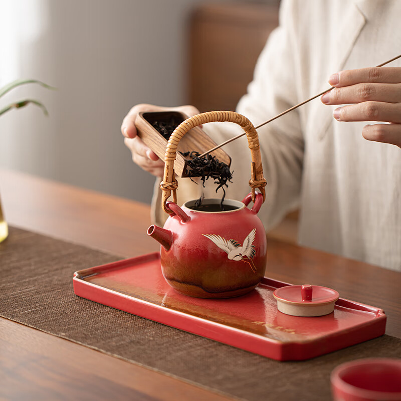苏氏陶瓷/SUSHI CERAMICS J0996 瑞鹤呈祥提梁壶小套装 (单位:套)高清大图
