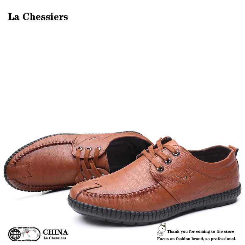 La Chessiers男士休闲皮鞋男商务英伦风软皮软底春秋系带男休闲鞋 棕色 38码